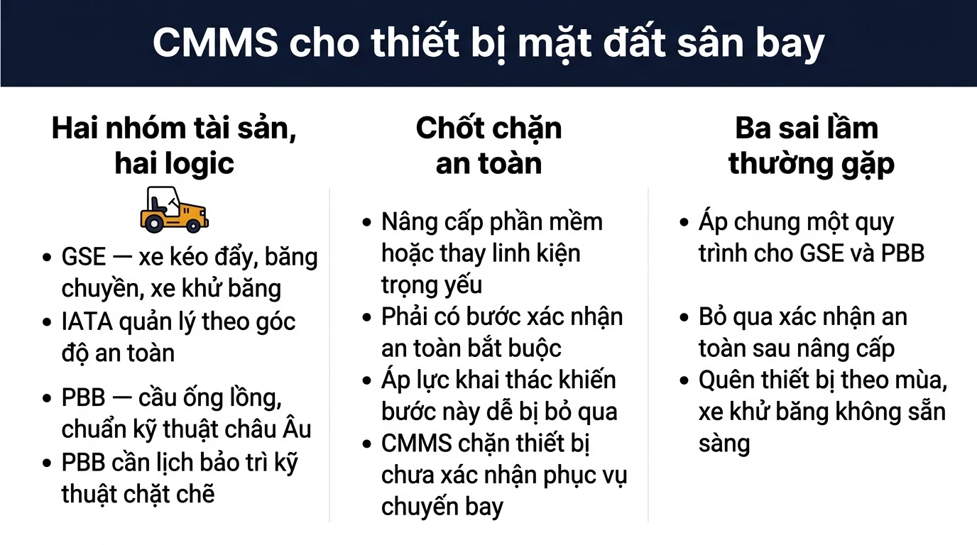 Infographic CMMS thiết bị mặt đất sân bay: hai nhóm tài sản GSE và PBB, chốt chặn xác nhận an toàn