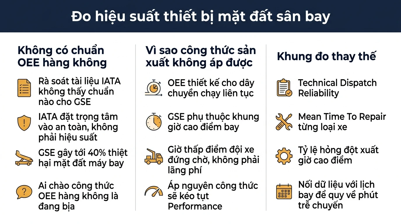 Infographic OEE thiết bị mặt đất sân bay: không có chuẩn OEE hàng không và khung đo thay thế cho GSE